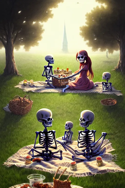 Prompt: a detailed illustration of a skeleton family on a picnic, afternoon at the park, intricate, gothic, highly detailed, digital painting, trending on artstation, smooth, sharp focus, illustration, art by greg rutkowski, loish, rhads, makoto shinkai and lois van baarle, ilya kuvshinov, rossdraws