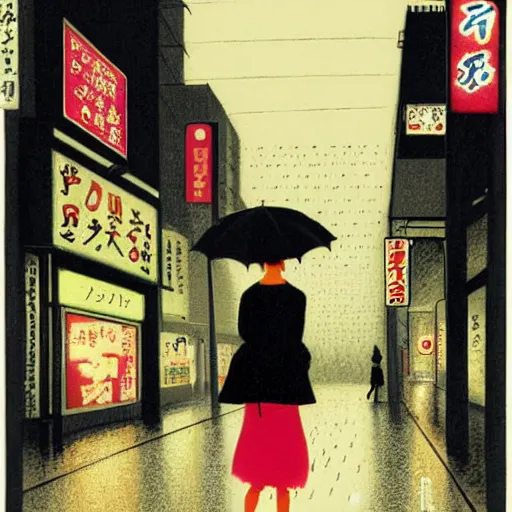 Prompt: a woman holding an umbrella, walking down the streets of tokyo, with neon signs, while it's raining. extremely detailed, illustration by michael sowa