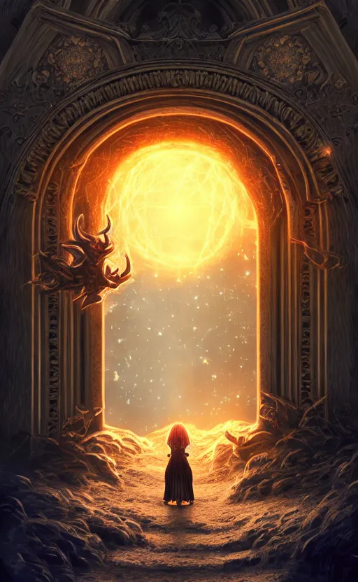 Image similar to a ornamental gate into stars a demon emerges from it, ornament, intarsia, portal, doorway, no background, dynamic lighting, ambient lighting, atmospherical, photorealistic fantasy concept art, trending on art station, stunning visuals, creative, cinematic, ultra detailed