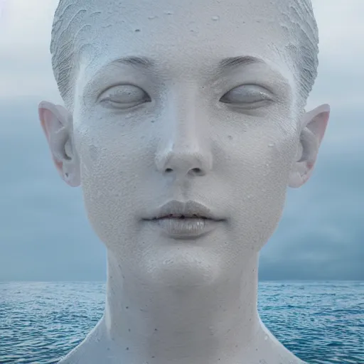 Prompt: a sculpture made of water in the shape of a human head, on the ocean water, water manipulation, behance, artstation, cinematic, in the style of johnson tsang, long shot, hyper detailed, hyper realistic, ray tracing, 8 k resolution, sharp focus, realistic water, award winning