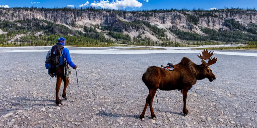 Image similar to hiker riding moose in yellowstone with prismatic spring in background