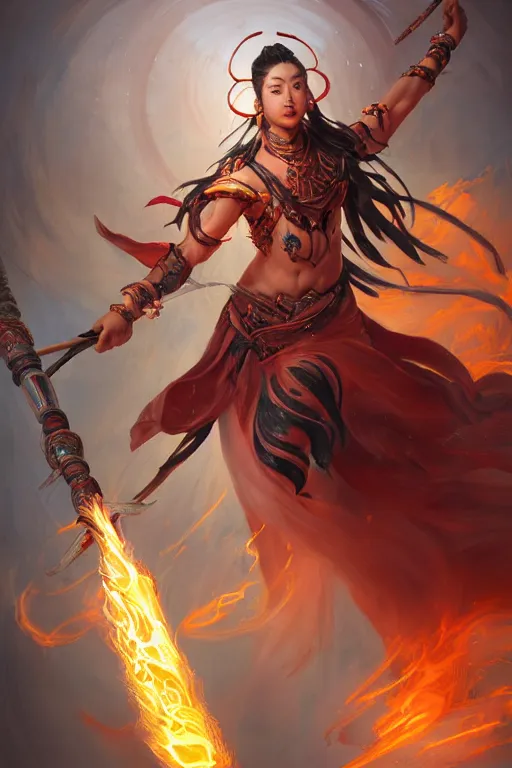 Prompt: a masterpiece portrait of nezha, legendary god holding spear, man, flame everywhere, epic pose, fantasy character portrait, closeup shot, hyper detailed, digital painting, 8 k realistic, trending on artstation, sharp focus, dof, by fenghua zhong, artgerm, ne zha from smite, jeff easley, raymond swanland