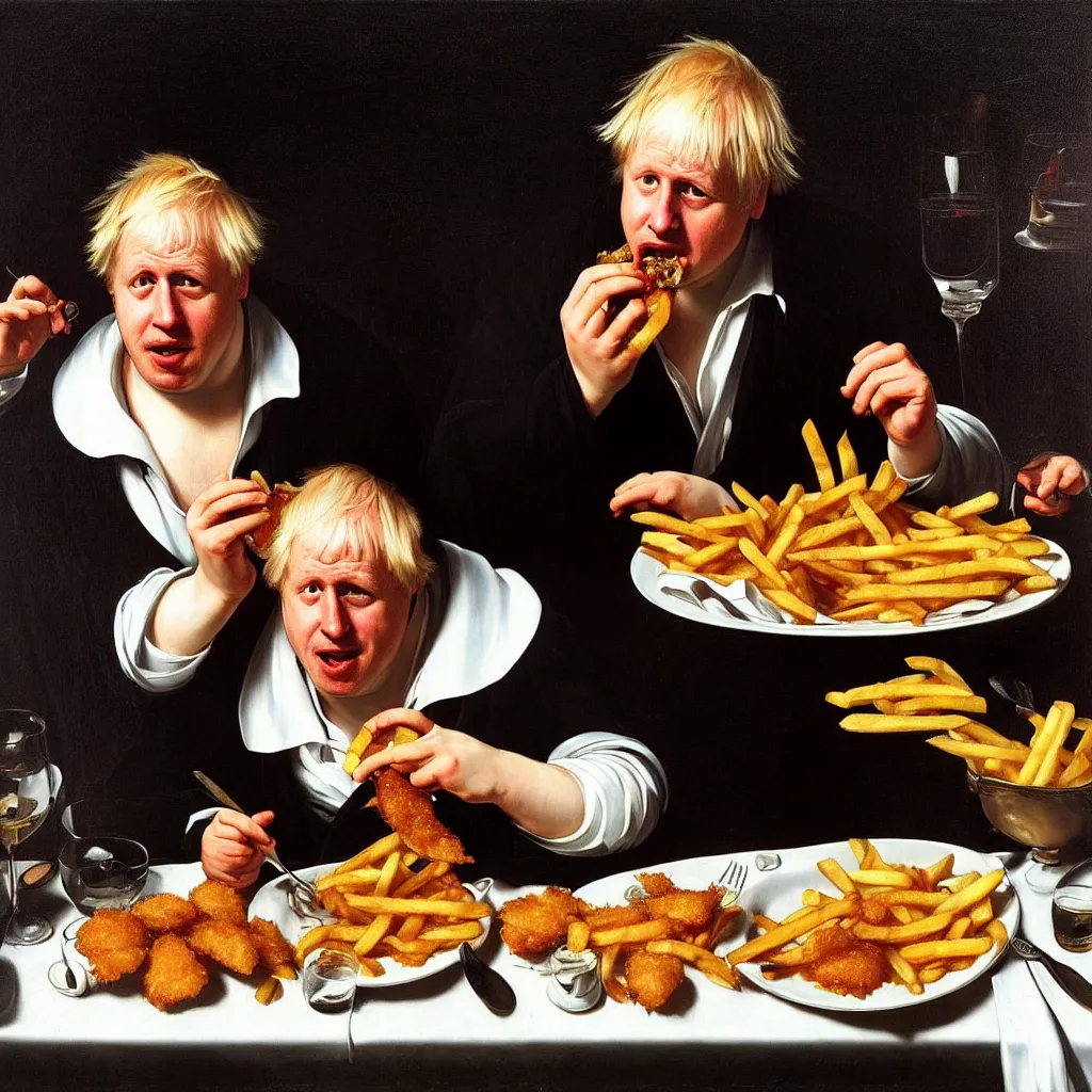 Prompt: portrait of boris johnson eating a plate of deep fried fish and french fries, caravaggio