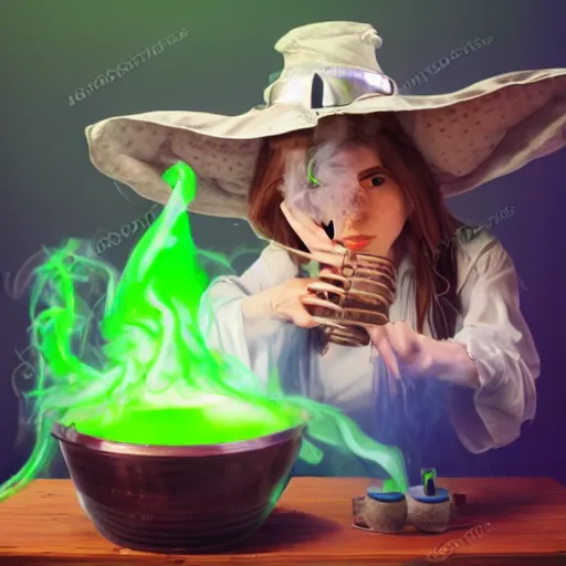 Image similar to owl, teen witch mixing a spell in a cauldron, wispy smoke, witch hat, studio photography, green glowing smoke is coming out of the cauldron, ingredients on the table, unorganized apothecary shelves in the background