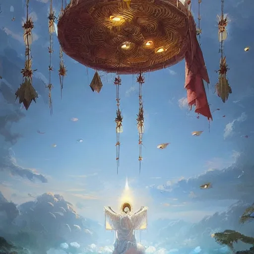 Prompt: painting of a god of wind enjoying his heavenly palace, decorated with windchimes and paper lanterns, stunning nature in background, art by greg rutkowski, cinematic