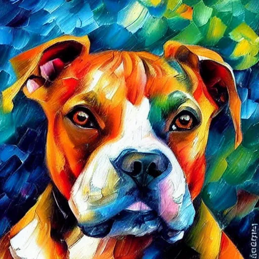 Prompt: painting of a mini pit bull by Leonid Afremov