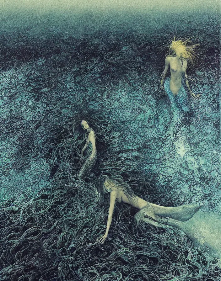 Image similar to a mermaid with big fins swimming deep underwater amongst seaweed and sea creatures, mermaid, beksinski painting, part by adrian ghenie and gerhard richter. art by takato yamamoto. masterpiece, dark and moody, deep colours, blue