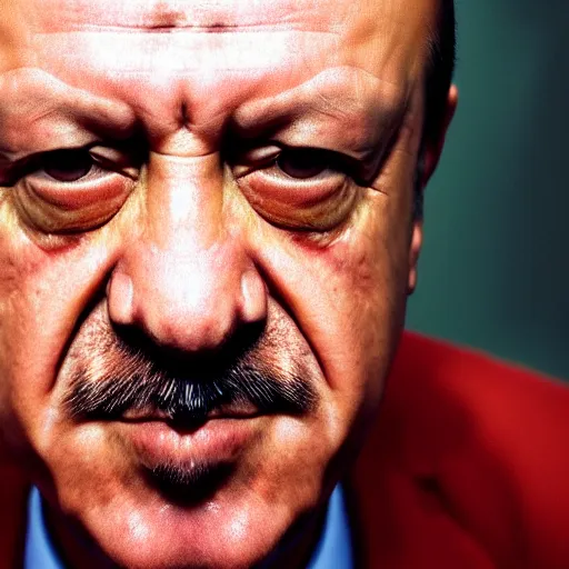 Prompt: Portrait of Recep Tayyib Erdoğan, close-up, very detailed facial features, by Martin Schoeller