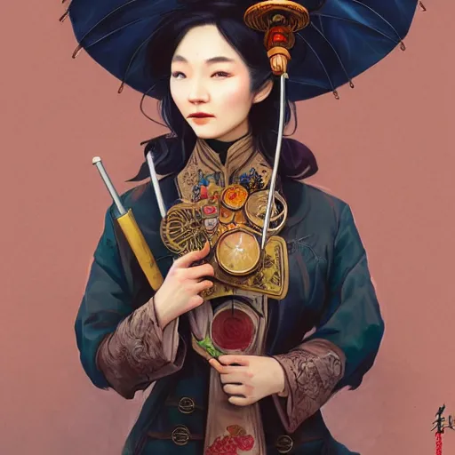 Image similar to steampunk Chinese lady with umbrella, detailed, digital painting, concept art, smooth, sharp focus, illustration, art by Sam Spratt, Dan Mumford, Artem Demura and Alphonse Mucha