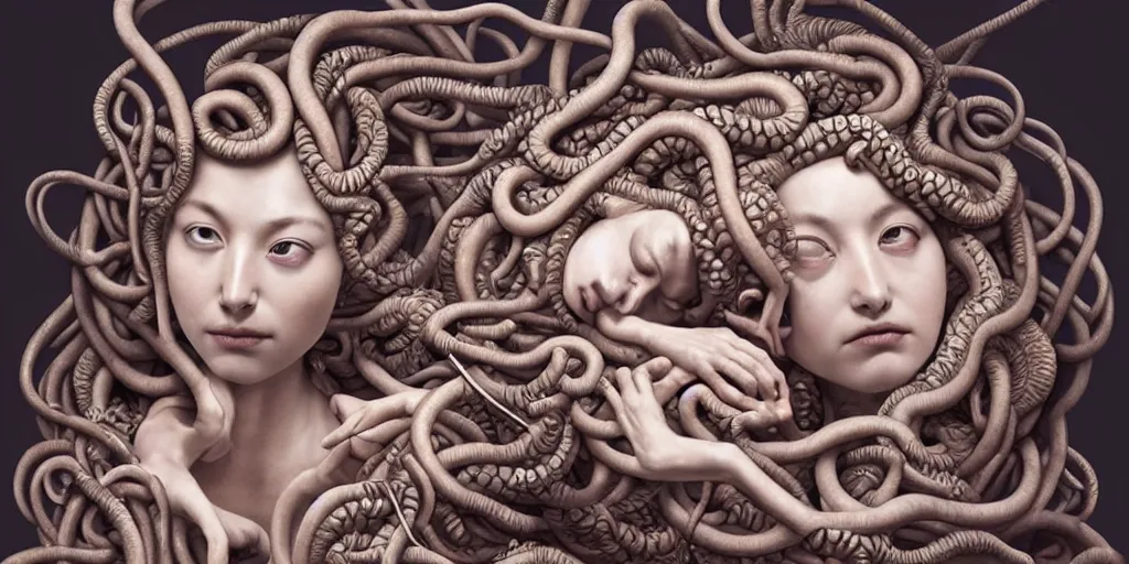 Prompt: hyperrealistic photography of a highly detailed and symmetrical Medusa assisting a birthing machine in the style of Jin Kagetsu, patricia piccinini, James Jean and wlop, highly detailed, masterpiece, award-winning, sharp focus, intricate concept art, ambient lighting, 8k, artstation