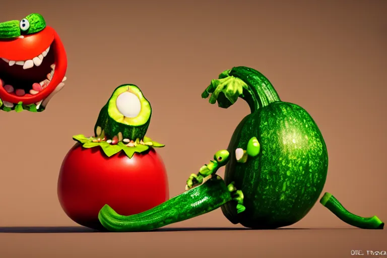 Image similar to detailed 3 d render of a mad zucchini character with arms and legs and a long sword chasing after a tomato character, hyper realistic octane render, cinematic lighting, wide angle, nightmare, adult pixar surrealism