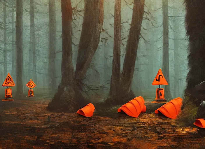 Prompt: a few orange safety cones in a beautiful strange forest and a black hairy fuzzy bear man beast hybrid stands in the center distance, cinematic painting by james jean, atomspheric lighting, moody lighting, dappled light, detailed, digital art, limited color palette, wes anderson, 2 4 mm lens, surreal