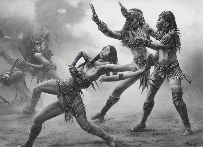 Image similar to Battlefield, two aztec warrior females fight, epic ,old photo, vintage, black and white, Boris vallejo, sepia