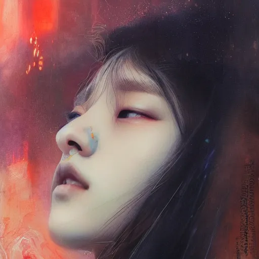 Image similar to jisoo of blackpink, hyperrealistic portrait, bladerunner street, by karol bak and agnes cecile, fantasy art, photo realistic, dynamic lighting, artstation, poster, volumetric lighting, very detailed face, 8 k, award winning