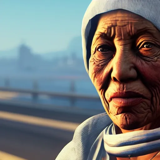 Image similar to Mother Theresa as a gangster in GTA5 8k hyperdetailed photorealism ultra high quality