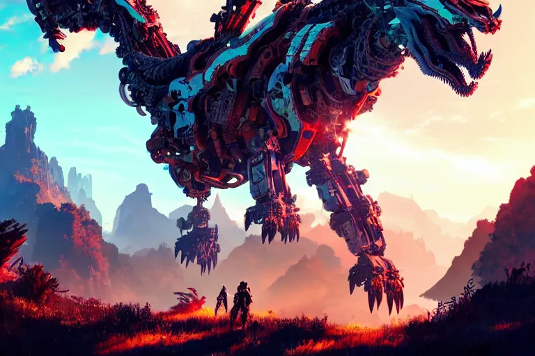 Prompt: dragon machine mecanical creature robot of horizon forbidden west horizon zero dawn bioluminiscence bright ray tracing hdr fanart arstation by ian pesty and alena aenami artworks in 4 k