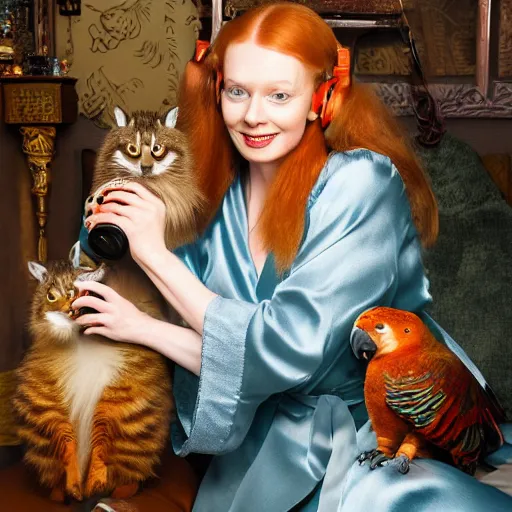 Image similar to a stunning hyper-detailed photorealistic painting of one slender beautiful smiling woman with long ginger hair and bangs, wearing a luxurious silk robe, wearing headphones and posing with her large ginger tabby cat and her raccoon and parrots in an overstuffed easy chair in her sunlit victorian living room, holding a porcelain parrot-shaped coffee mug and a donut, perfect eyes, fashion photography, cinematic lighting, octane render, IBEX Masters, unreal engine, 85 mm lens