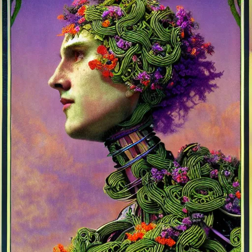 Image similar to A colorful, detailed print - A portrait of a robot composed entirely of flowers and vines. by Arnold Bocklin and Barclay Shaw, masterful print. 4k, unreal engine stunning Art Nouveau