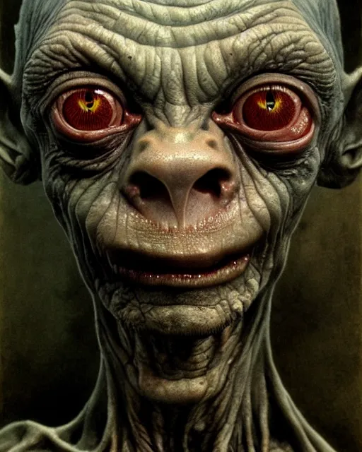 Image similar to gollum smeagol grotesque, ultra detailed, ultra realistic, by beksinski, alejandro jodorowsky, giger, greg rutkowski, carne griffith trending on artstation, deviantart, photorealism