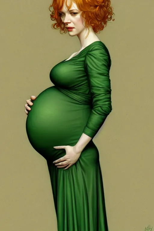 Image similar to pregnant christina hendricks in a green dress, realistic portrait, symmetrical, highly detailed, digital painting, artstation, concept art, smooth, sharp focus, illustration, cinematic lighting, art by artgerm and greg rutkowski and alphonse mucha