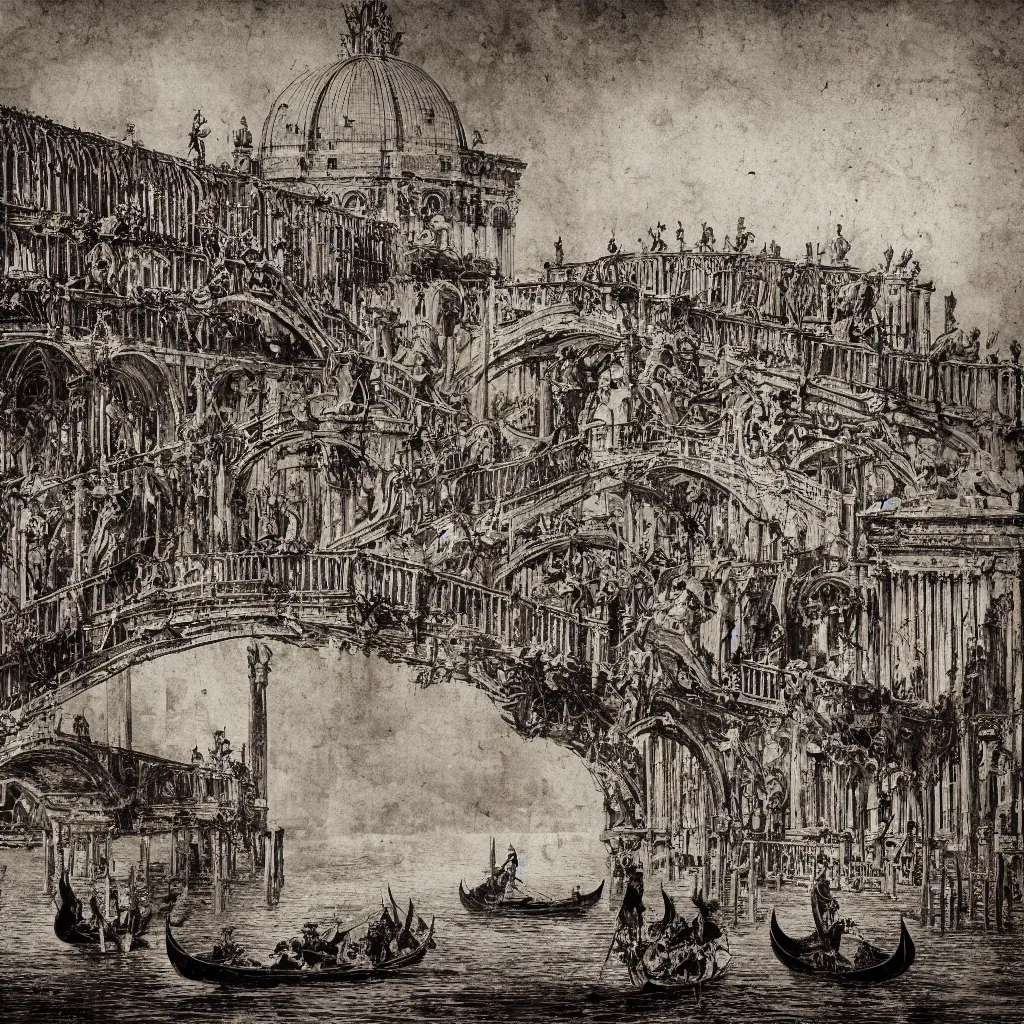 Image similar to oniric dream of the bridges of venice by piranesi, historic, ancient venice, composition, cinematic, rule, grid