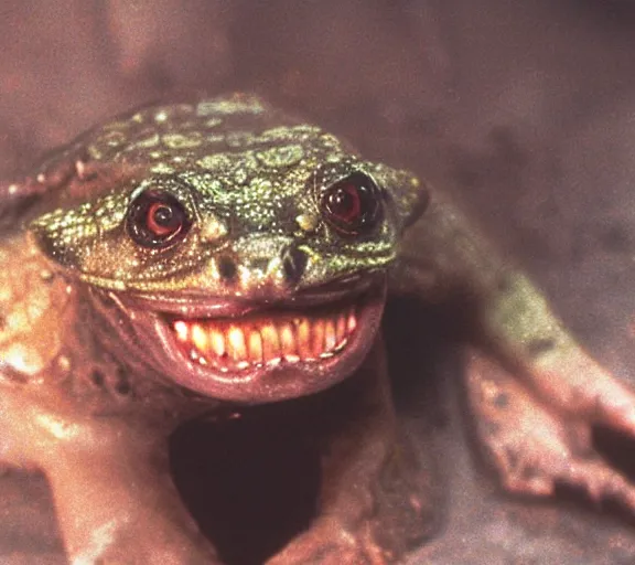 Image similar to Close up of Lepidobatrachus laevis smiling and facing the camera in a still from the movie Blade Runner (1982), high quality, rain, rain drops, cold lighting, 4k, night, award wining photo