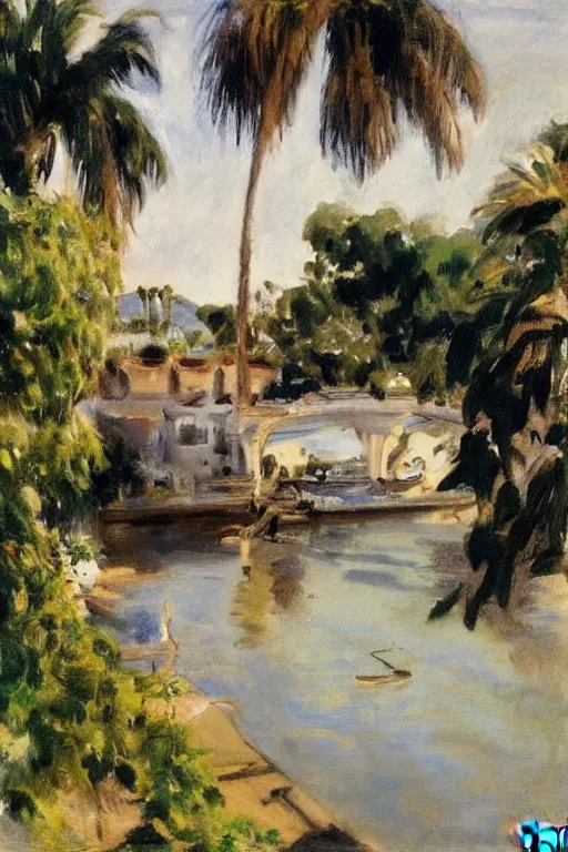 Prompt: a long river, tied bridge on local river, a lot of boat in river, 2 number house near a lot of palm trees and bougainvillea, summer, painting by john singer sargent