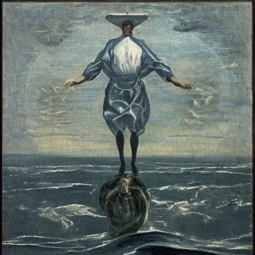 Image similar to The Pope levitating over the sea. El Greco, Remedios Varo, Salvador Dali, Carl Gustav Carus, John Atkinson Grimshaw. Blue tint. Symetrical, logo, geometric shapes.