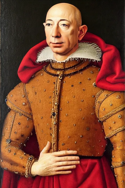 Image similar to 1 4 0 0 s renaissance portrait of jeff bezos!!! oil painting by jan van eyck, northern renaissance art, oil on canvas, wet - on - wet technique, realistic, expressive emotions, intricate textures, illusionistic detail