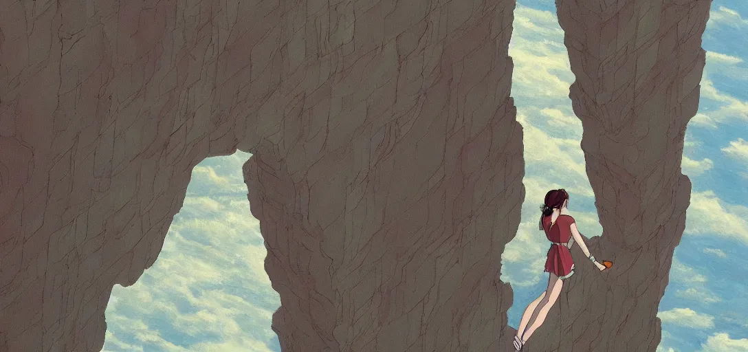 Prompt: a detailed painting of a single woman hanging from the side of a cliff overlooking the end of the world by Studio Ghibli trending on ArtStation