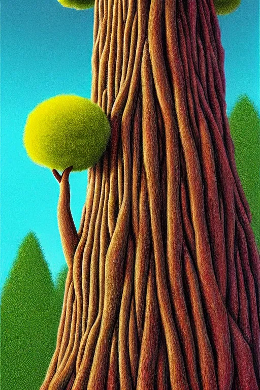 Prompt: a pompom tree with a very very very very tall!! trunk, viewed from below, ant perspective, digital illustration by chris van allsburg and artgerm, surreal, photorealistic