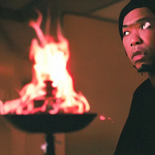 Image similar to cinematic film still of rapper JID starring as a Japanese Sensei with fire, Japanese CGI, VFX, 2003, 40mm lens, shallow depth of field, film photography