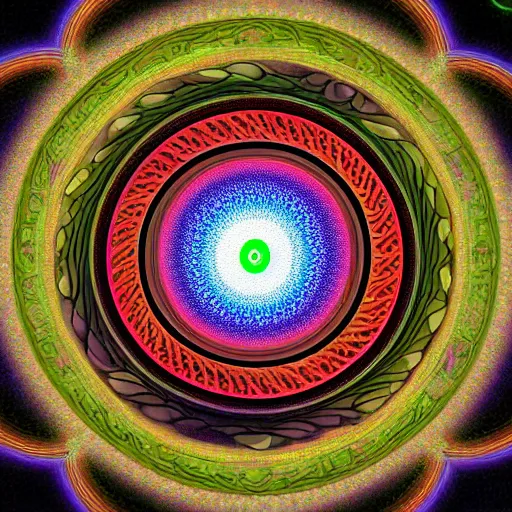 Image similar to a fractal yin yang symbol surrealist painting, the vortex opening up and multicolored spirals surround it