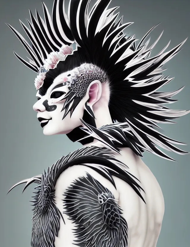 Image similar to 3 d goddess close - up profile simple portrait punk with mohawk with goat skull. beautiful intricately detailed japanese crow kitsune mask and clasical japanese kimono. betta fish, jellyfish phoenix, bio luminescent, plasma, ice, water, wind, creature, artwork by tooth wu and wlop and beeple and greg rutkowski