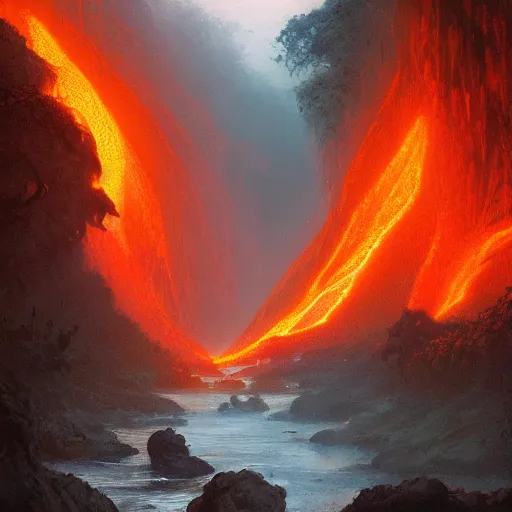 Prompt: A lava river flowing through the amazon jungle, anato finnstark, james gurney, greg rutkowski, john howe, artstation, dramatic