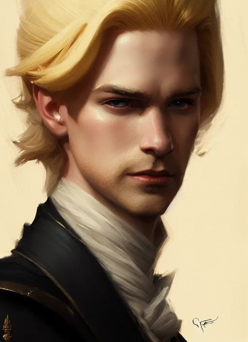 Image similar to Portrait of man of royalty, D&D fantasy, his hair is blonde, he has a distinguished expression, and is wearing a official garment. Intricate, highly detailed, digital painting, artstation, concept art, sharp focus, illustration, art by greg rutkowski and Ross Tran