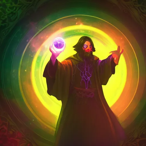 Image similar to a warlock is casting a magic spell while with magic orb floating in his hand , dynamic pose, chromatic aberration , medium level shot, Mucha style , Grim fantasy, illustration ,concept art,