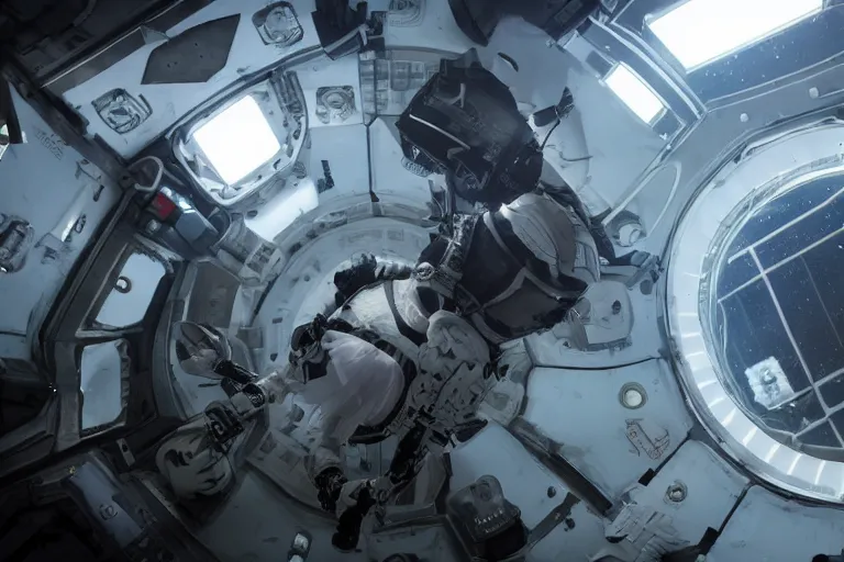 Image similar to sci-fi armored cosplay combat in space-station arena by Roger Deakins