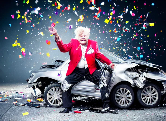Image similar to photo still of rip taylor at a car accident scene!!!!!!!! at age 5 4 years old 5 4 years of age!!!!!!! throwing confetti from a bucket, 8 k, 8 5 mm f 1. 8, studio lighting, rim light, right side key light
