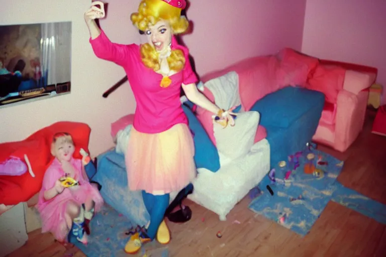 Prompt: a funny unexpected photo made with a disposable camera of a real life Princess Peach having fun in my livingroom, in color