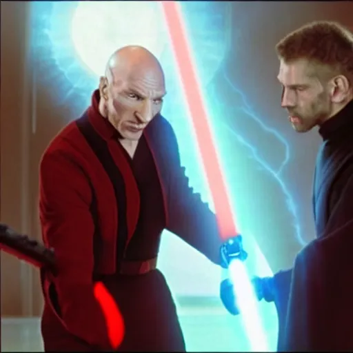 Image similar to captain picard has a lightsaber duel with darth maul, The Next Generation Episode Screen Capture