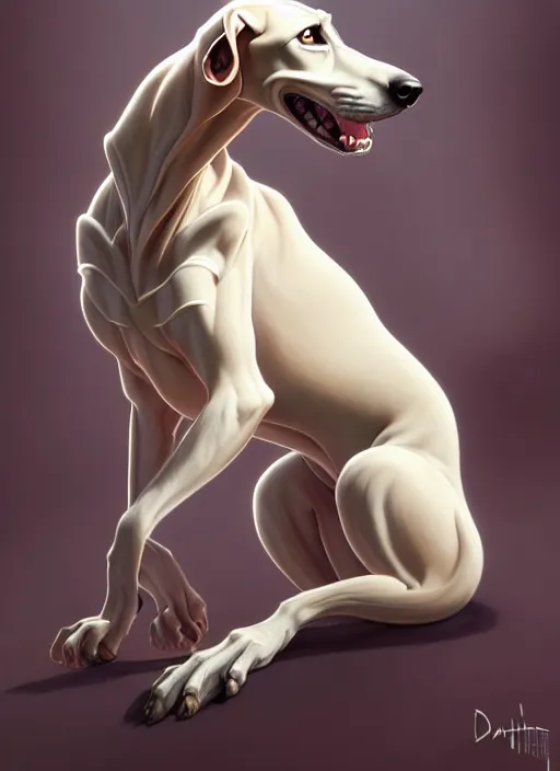 Prompt: demonic white brown greyhound, natural lighting, path traced, highly detailed, high quality, digital painting, by don bluth and ross tran and studio ghibli and alphonse mucha, artgerm