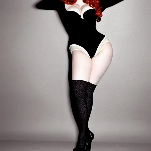 Image similar to christina hendricks in body suit (teddy), thigh highs, high heels, while holding a can of whipped cream, studio lighting, 50mm