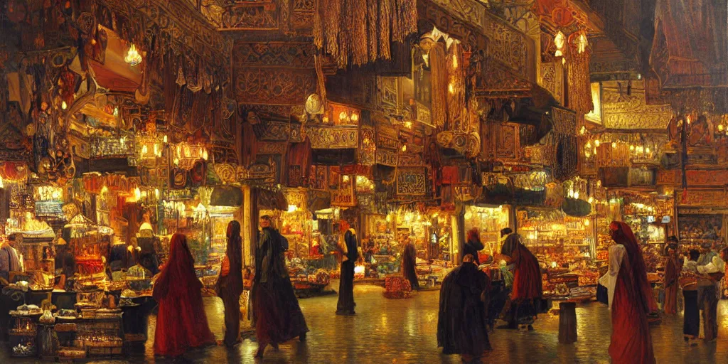 Prompt: Highly detailed romantic period oil painting of a Middle Eastern bazaar, strong atmosphere, oil painting masterpiece by Josep Tapiró Baró, symmetry, fractals