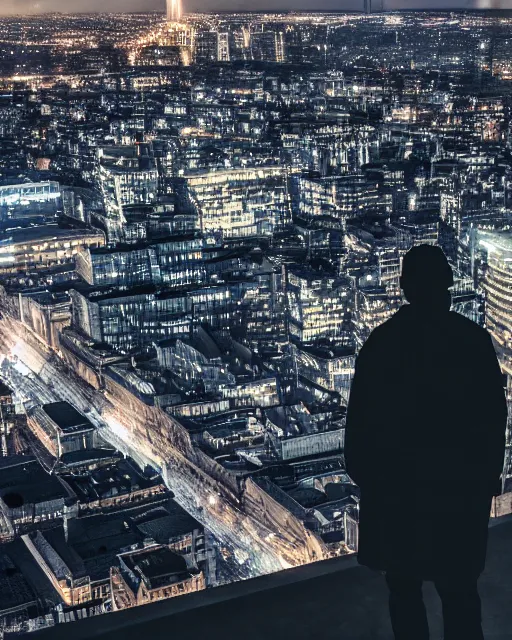 Image similar to a night rooftop scene, light from traffic in the city below, close up shot of a gangster wearing a streetwear trench coat looking at the city below, unreal engine, hyper realism, realistic shading, cinematic composition, realistic render, octane render, detailed textures, photorealistic