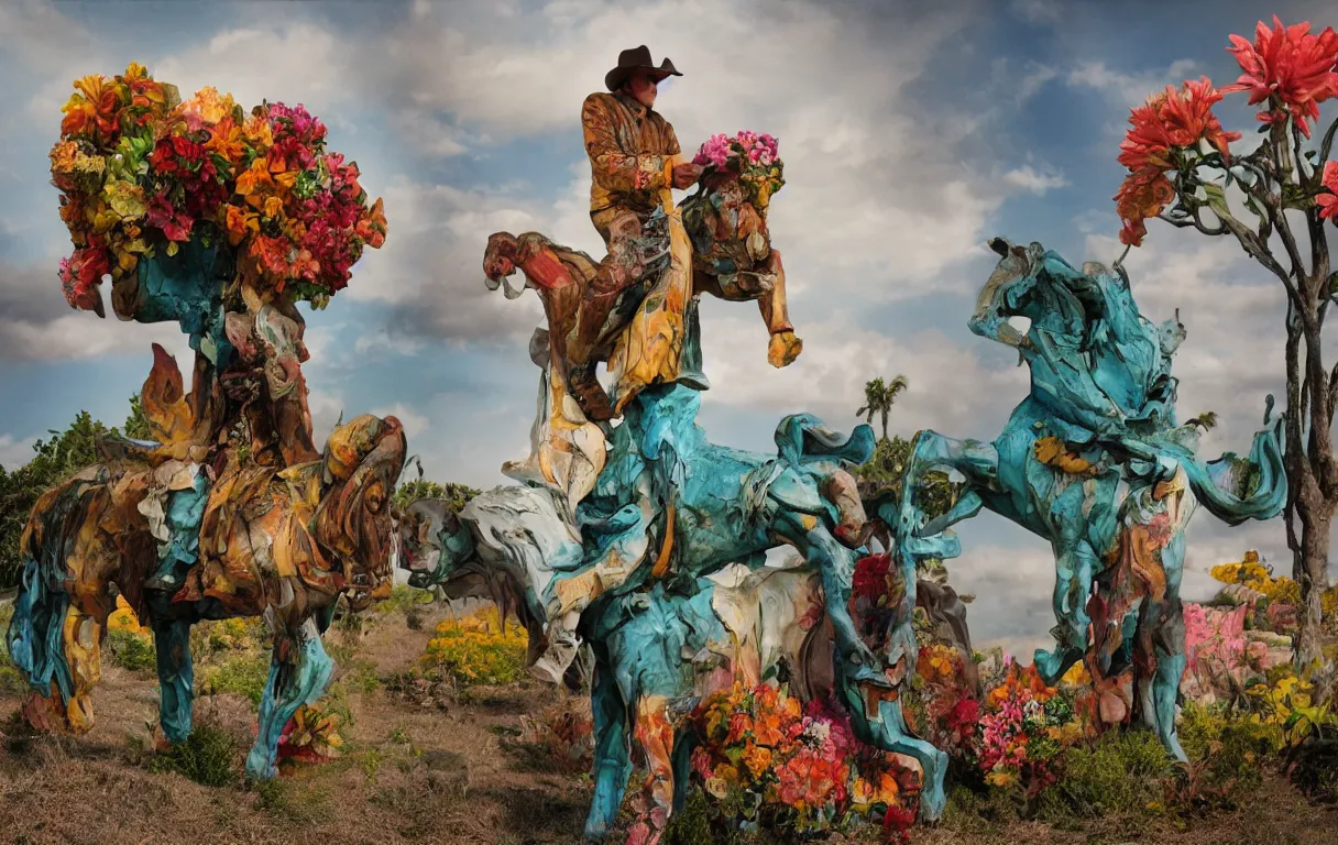 Image similar to a cowboy turning into blooms by slim aarons, by zhang kechun, by lynda benglis. tropical sea slugs, angular sharp tractor tires. complementary bold colors. photo of a manly cowboy. warm soft volumetric dramatic light. national geographic. 8 k, rendered in octane, smooth gradients. angular sculpture by antonio canova by gian lorenzo bernini.