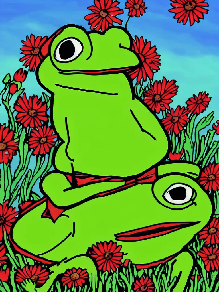 Image similar to resolution 4k hyper realistic film reel of pepe the frog red dead redemption 2 wandering army of pepe the frog a field of flowers a sunny day wholesome soft and warm picnic of breads and fruit sitting on a blanket pepe the frog. the sky is blue and filled with gods love the third rike will rise again hail pepe , rainbows of sweet angels art in the style of Tony DiTerlizzi , Francisco de Goya and Akihito Tsukushi and Arnold Lobel