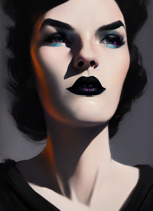 Image similar to portrait of a woman with a crooked nose and a confident expression, 1 9 6 0 s, black clothes, goth, punk, brightly coloured hair, funk, intricate, elegant, highly detailed, digital painting, artstation, concept art, smooth, sharp focus, illustration, art by wlop, mars ravelo and greg rutkowski