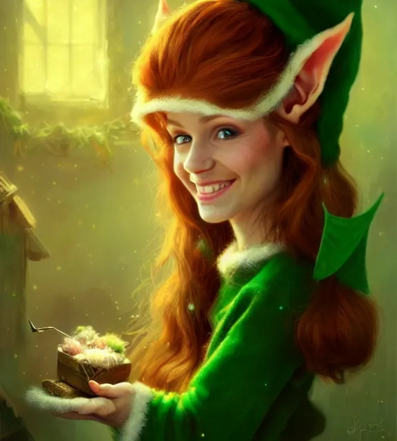 Prompt: cute elf smiling in santa's workshop, perfect face, green clothes, auburn hair, cinematic, blush, stunning, elegant, highly detailed, psychedelic, digital painting, artstation, smooth, hard focus, illustration, art by jessica rossier and and brian froud
