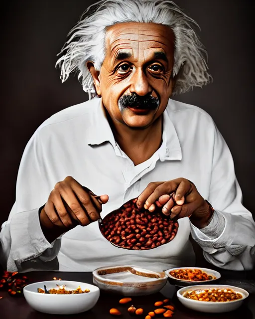 Image similar to A photo of Albert Einstein eating Rajma Chawal, highly detailed, trending on artstation, bokeh, 90mm, f/1.4